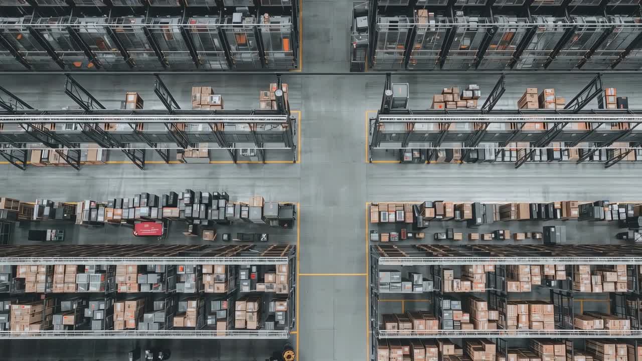 Visning af parallelle lagerreoler og kartoner på lager, rød AGV flytter paller med bestillinger