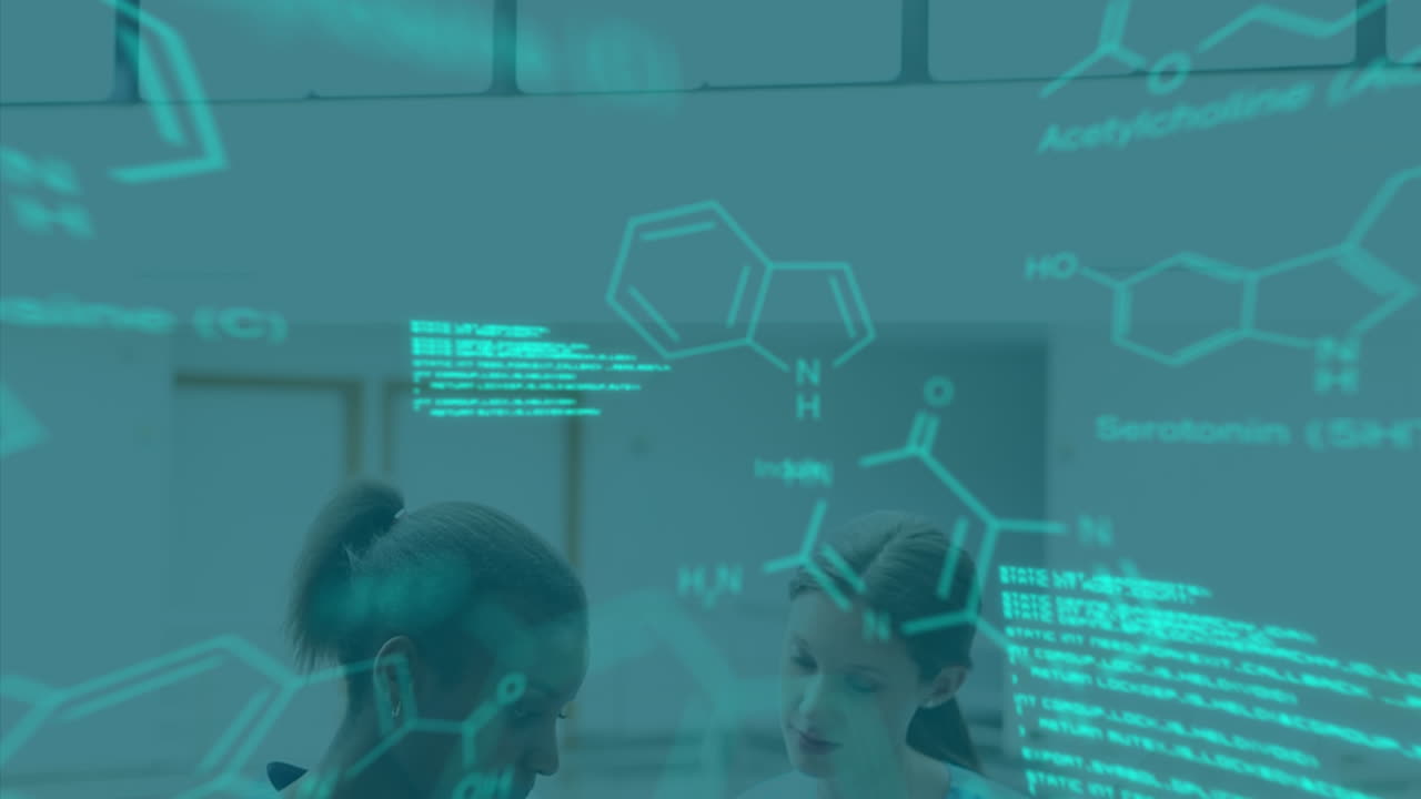 animación del procesamiento de datos y fórmulas químicas sobre los científicos