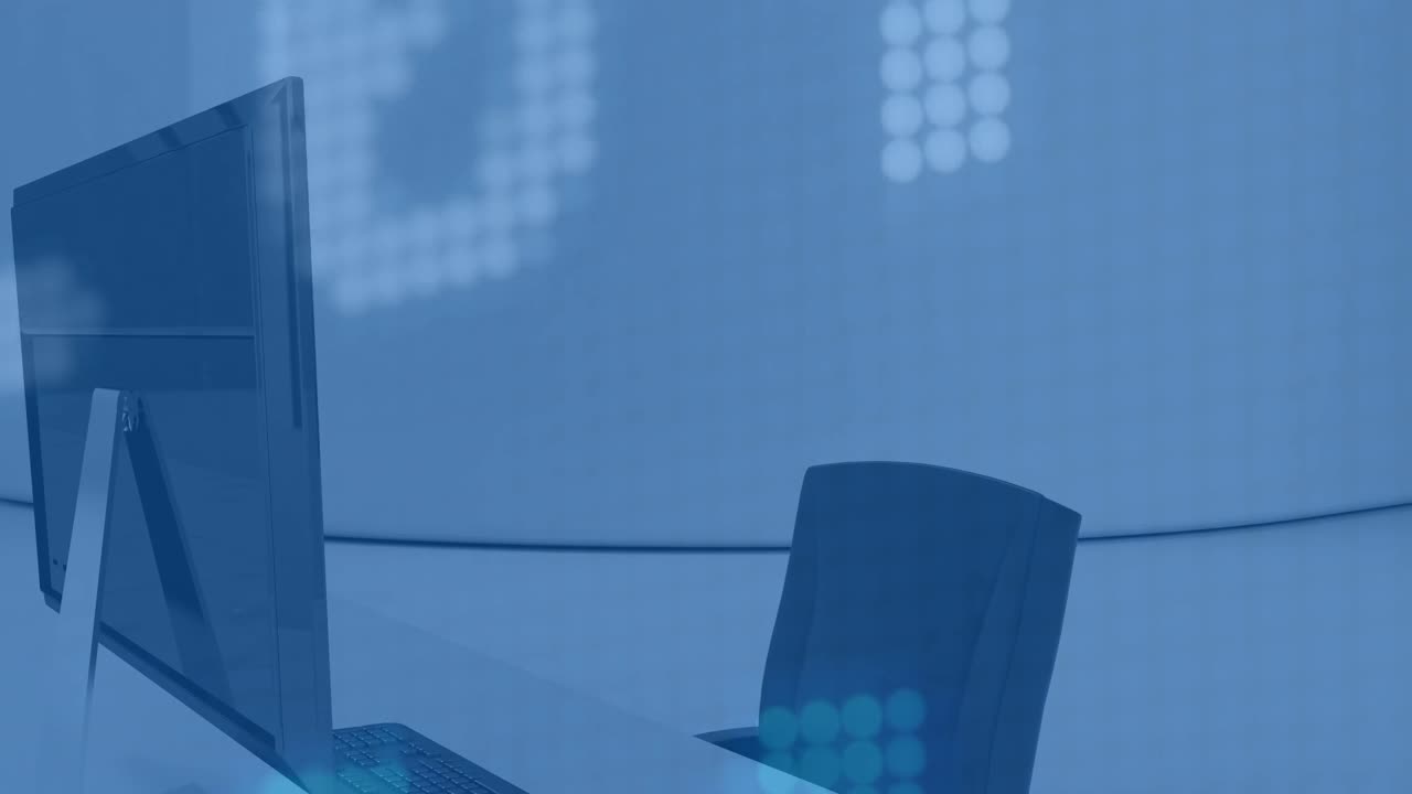 Animation of trading board over unoccupied chair and desktop of table against white background