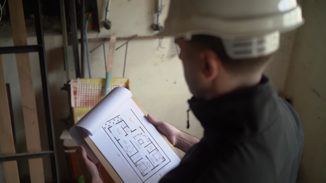 arquitecto profesional que revisa el contrato y el plano de planta de la casa para la renovación