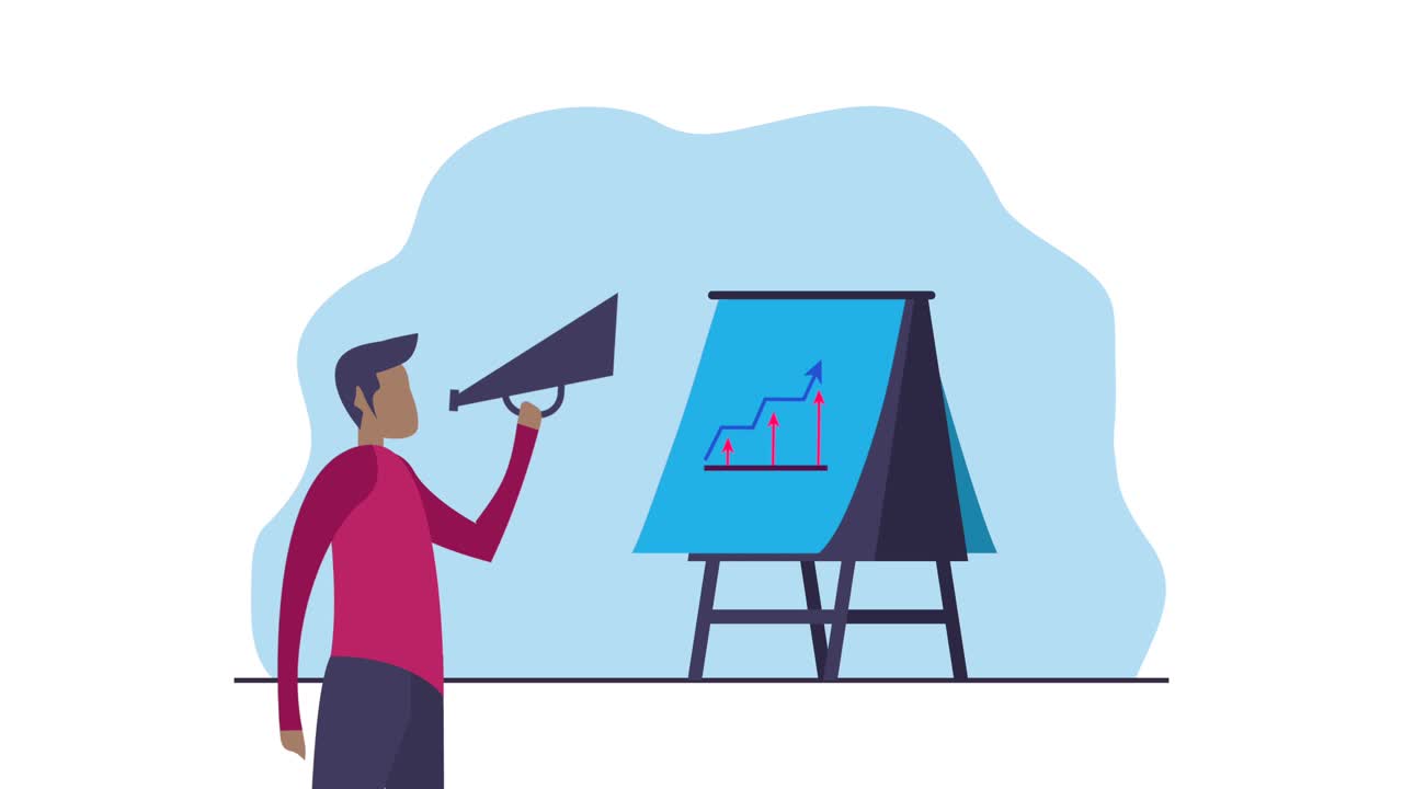 coaching animation with man and statistics in paperboard
