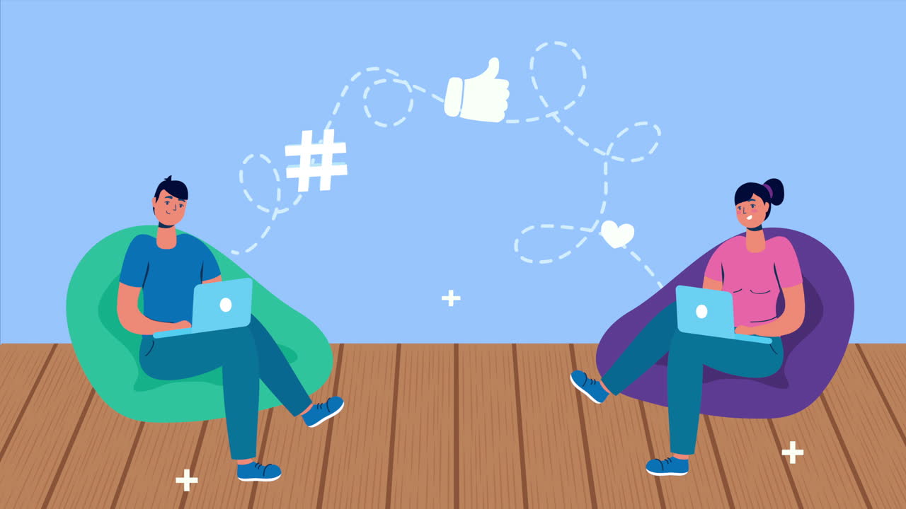 노트북과 소셜 미디어 기술을 사용하는 부부