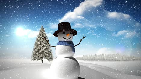 Snow-falling-over-snowman-and-christmas-tree-on-winter-landscape-against-clouds-in-the-sky