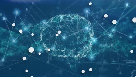 animación de puntos conectados sobre el cerebro digital y la hélice de adn contra fondo azul
