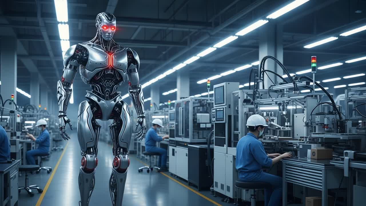 Futuristic Factory Scene Featuring a Highly Advanced Robot Overseeing Assembly Line Operations with Workers Engaged in High-Tech Manufacturing Processes
