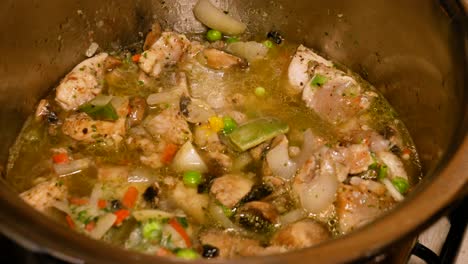 pouring vegetable broth into a fresh homemade stew