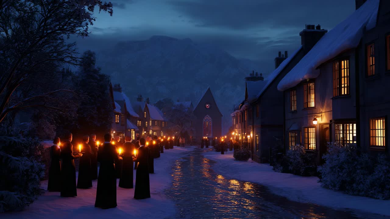 A captivating nighttime scene depicting a procession of individuals holding flickering candles, illuminated by the soft glow of nearby houses, through a snow-covered street in a tranquil village landscape
