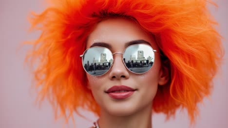 striking portrait of a model with fiery orange hair and stylish sunglasses, reflecting cityscape in lenses, set against a soft pink background