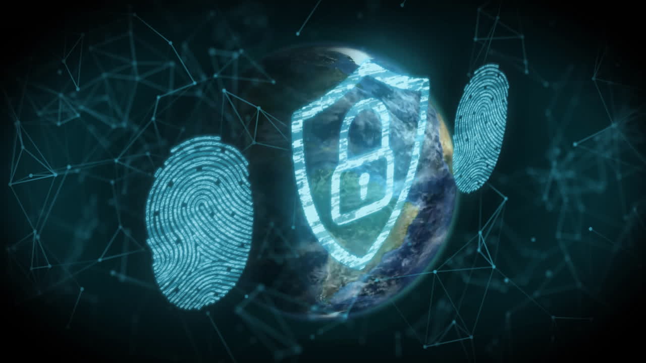 animación de la red de conexiones con candado y huellas dactilares en todo el mundo