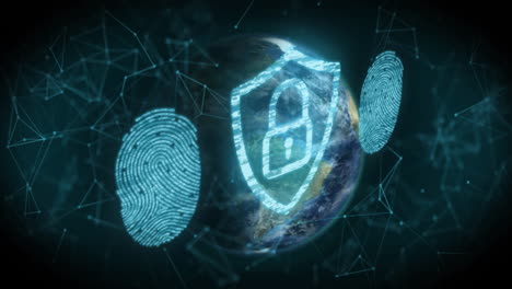 animation of network of connections with padlock and fingerprints over globe