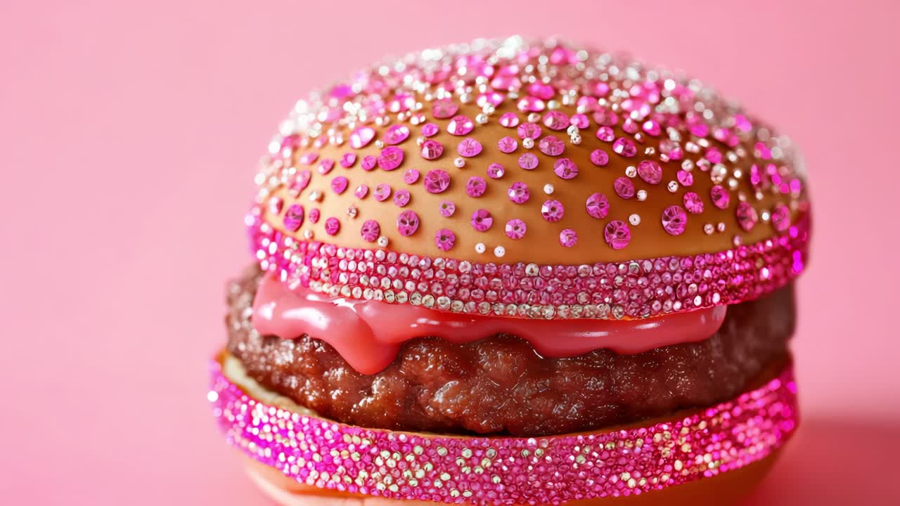 Luxurious burger adorned with sparkling rhinestones, vibrant glitter, and pink sauce, gently rotating against soft pink background for stylish product showcase