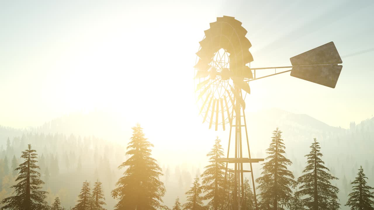 일몰 때 숲 속 에 있는 전형적 인  ⁇ 은 풍차 터빈