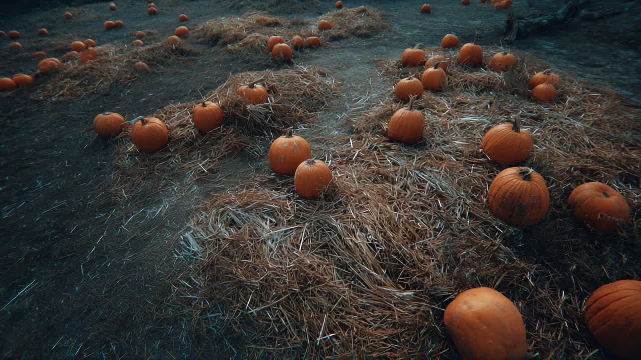 A serene autumn landscape featuring a field scattered with vibrant orange pumpkins resting atop natural straw bedding, symbolizing the harvest season and festive decorations