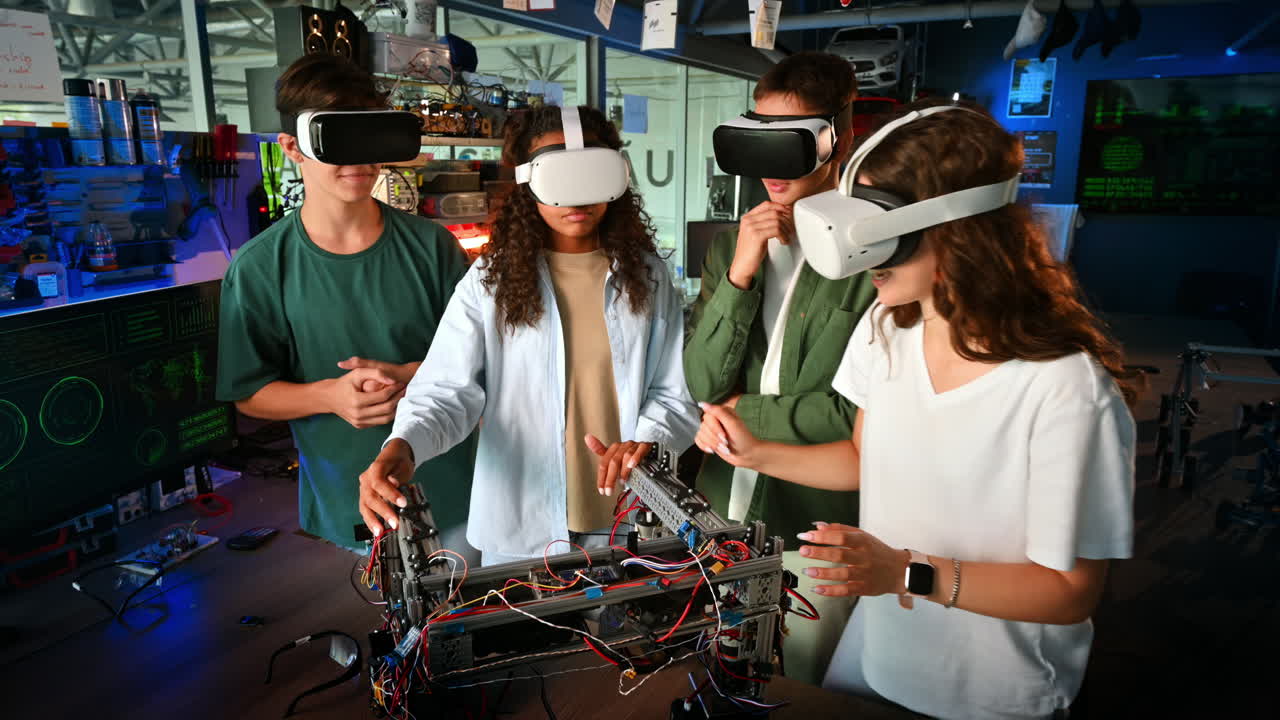 VR gözlükleri takmış genç bir grup, laboratuvarda robotikle ilgili deneyler yapıyor ve tartışıyor. Masanın üzerinde robot duruyor.