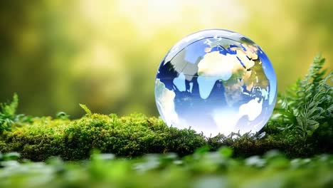 environmentally friendly globe on moss. a globe is resting on lush green moss, representing earth and its fragile ecosystem in a serene setting.