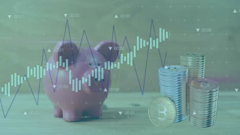 animation of financial data processing over money and bank pig