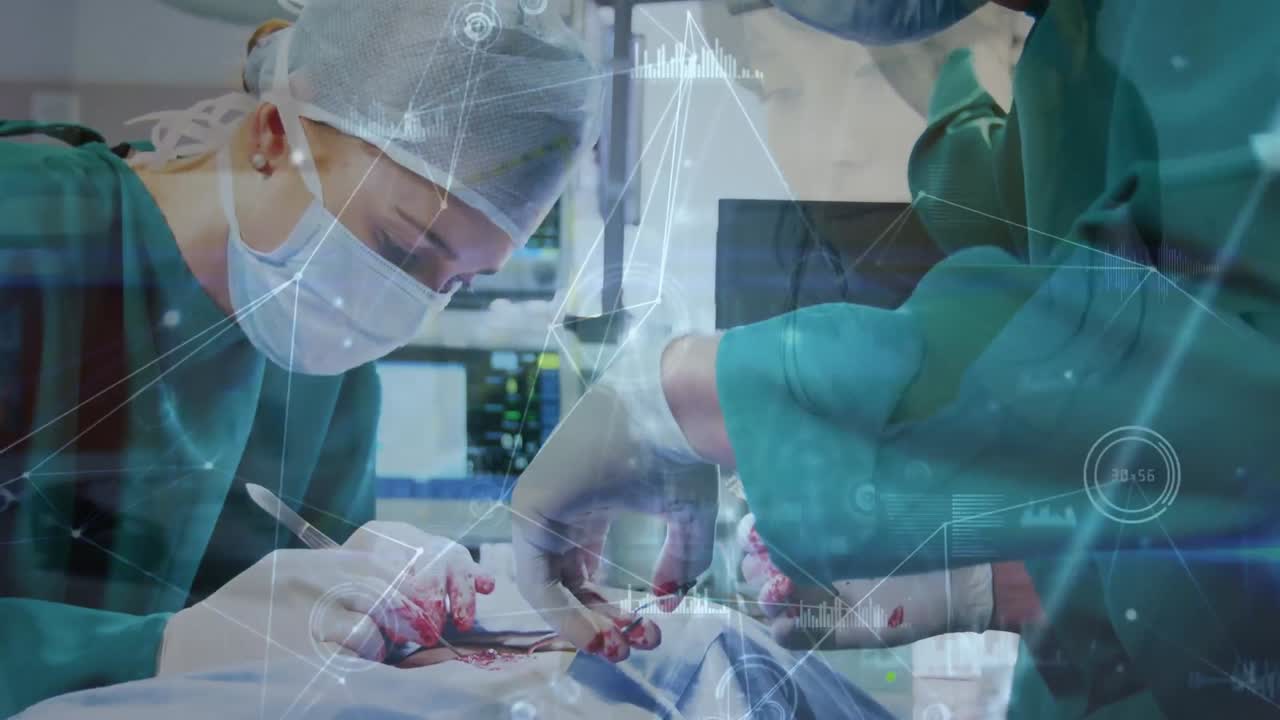 다양한 외과 의사와 환자에 대한 데이터 처리에 대한 연결 네트워크의 애니메이션