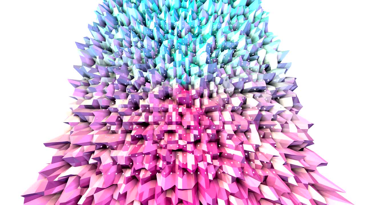 Abstract simple blue pink low poly 3D surface and flying white crystals as elegant background. Soft geometric low poly background of pure blue pink polygons. 4K Fullhd seamless loop background.