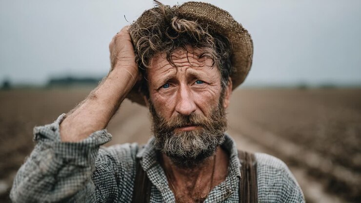 En eftertænksom landmand står på en stor mark og indfanger essensen af livet og arbejdet på landet, der afspejler landbrugslivets kampe og robusthed