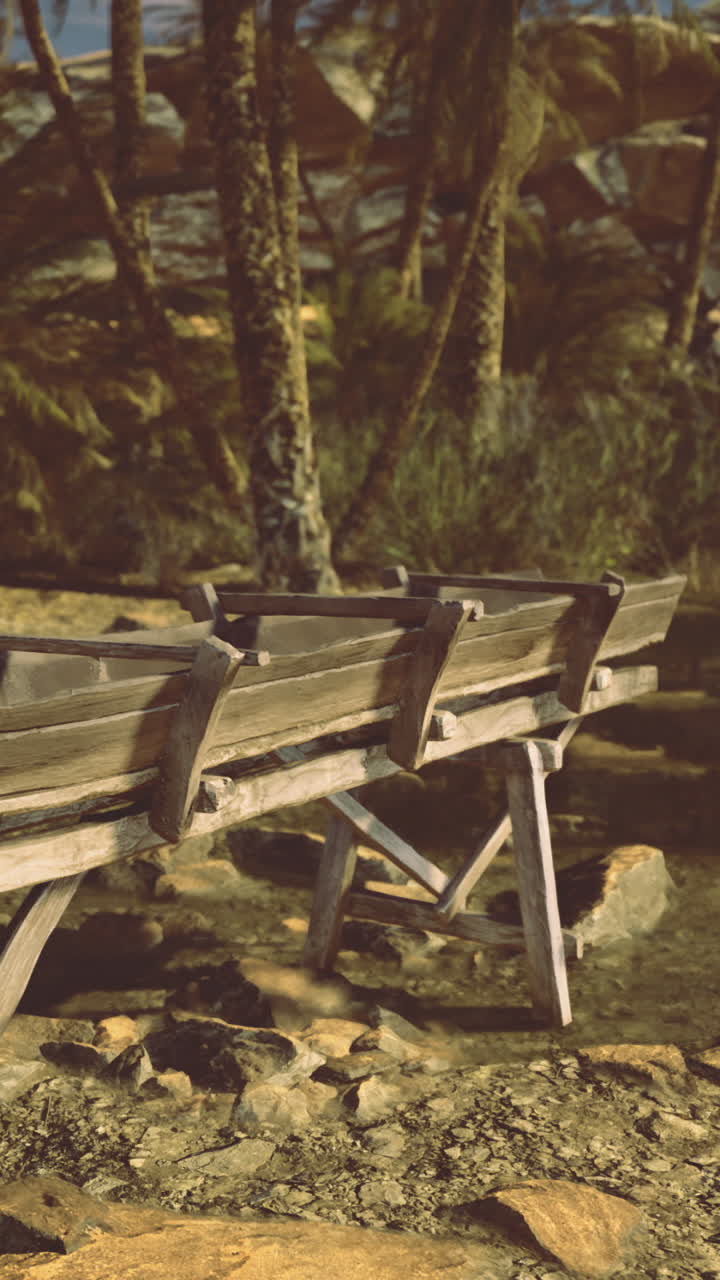 Wooden structure near a calm body of water surrounded by palm trees