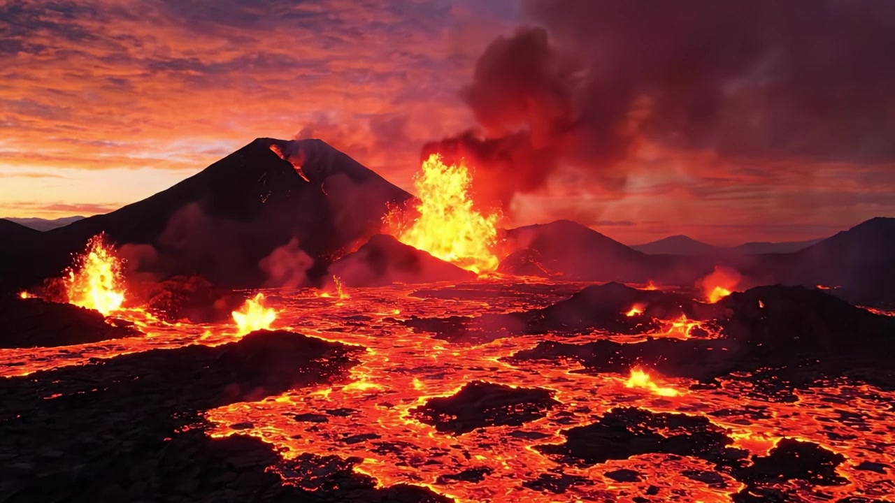 Uno Spettacolo Affascinante di Eruzione Vulcanica al Tramonto: Spettacolare Flusso di Lava ed Esplosioni Infuocate Illuminano il Paesaggio Montuoso