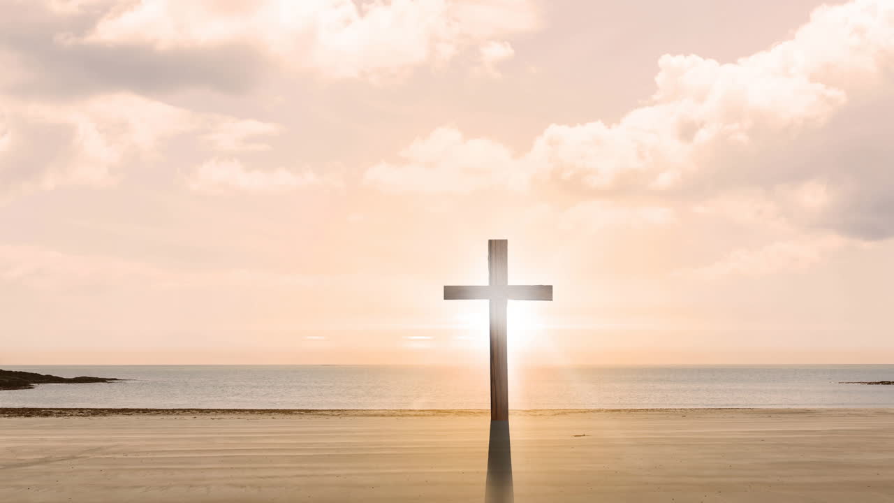 크리스천 크로스의 애니메이션, 구름과 함께 분홍색 하늘에 해변에서 빛나는 태양