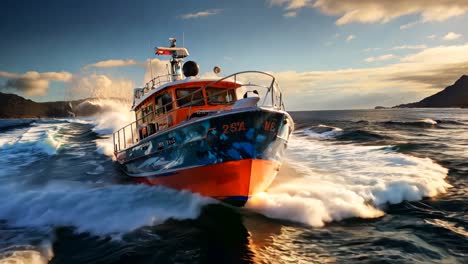 fishing boat navigating rough waters at sunset near coastal cliffs