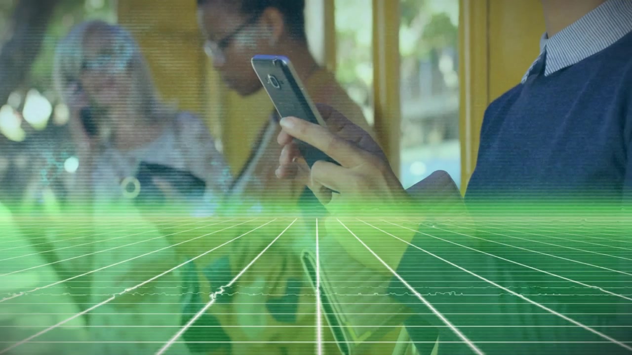 Three women waiting at bus shelter using phones activating green grid visualizing transport data
