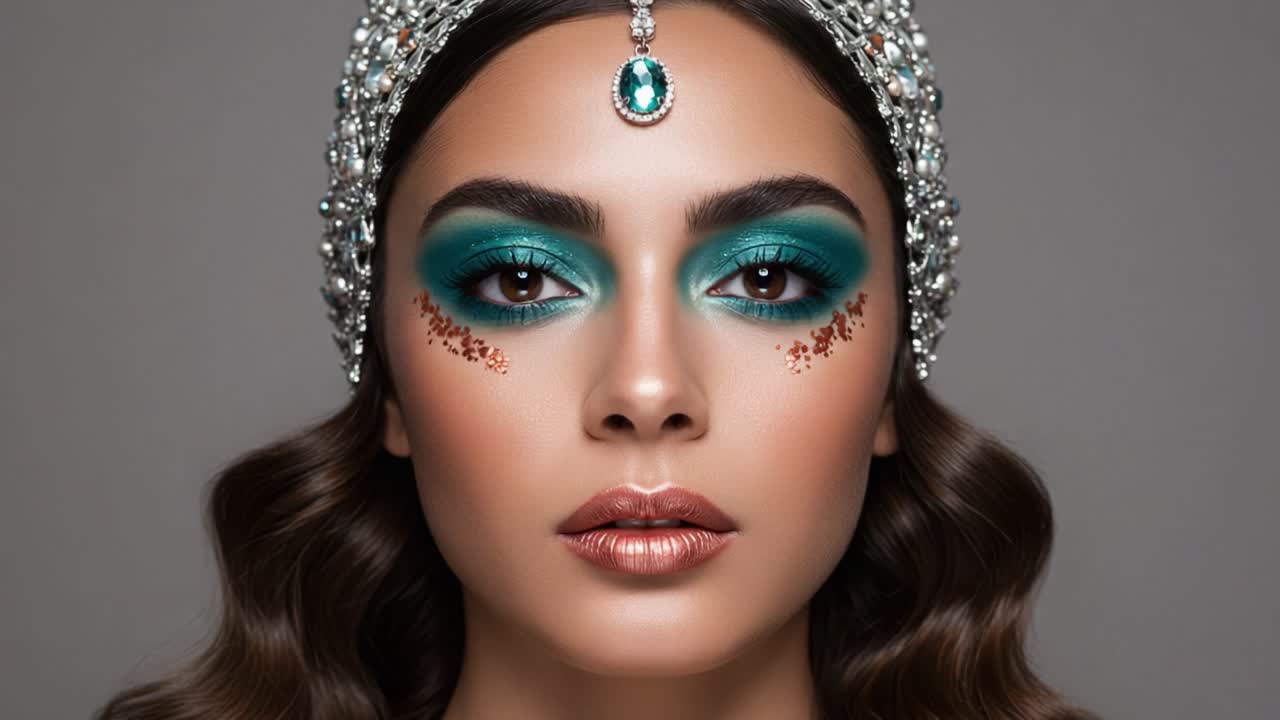 Stunning Portrait of a Beautiful Model with Elaborate Turquoise Eyeshadow and Elegantly Detailed Headpiece, Capturing Fashion and Artistic Makeup Styles