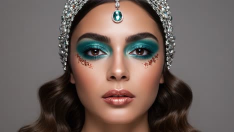 stunning portrait of a beautiful model with elaborate turquoise eyeshadow and elegantly detailed headpiece, capturing fashion and artistic makeup styles