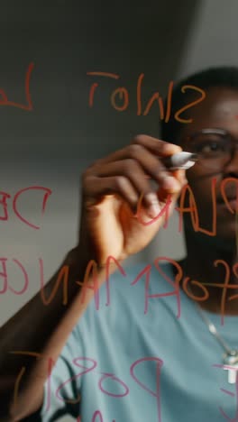 man writing on a glass board