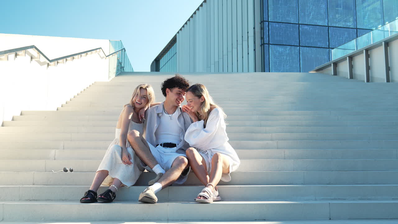 친구 들 이 도시 계단 에서 함께 즐거운 시간 을 보내고 있다