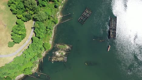 a drone view over a bay in brooklyn, ny. it is a sunny day and the water is calm and reflective. there are green trees along the edges of the water. the camera looks straight down while moving forward