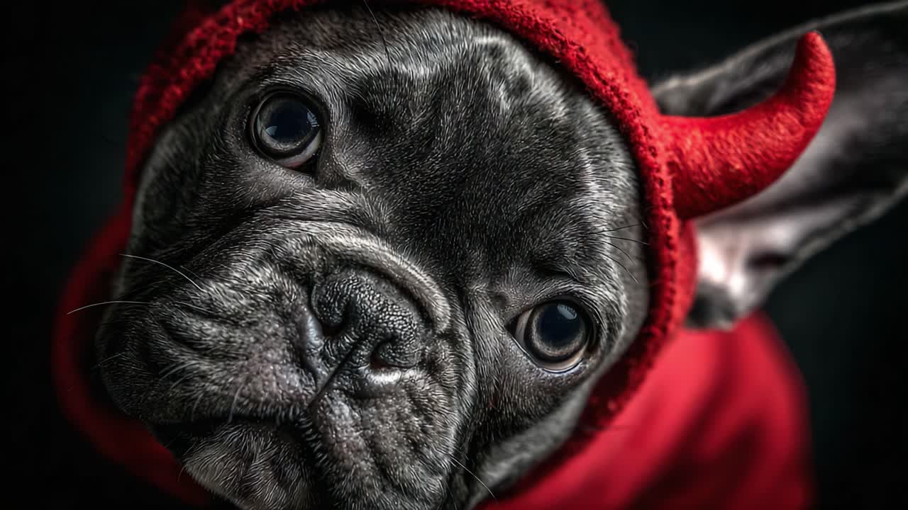 Adorable French Bulldog Wearing a Red Devil Costume: Capturing the Playful Spirit and Charming Expressions of This Unique Pet Portrait