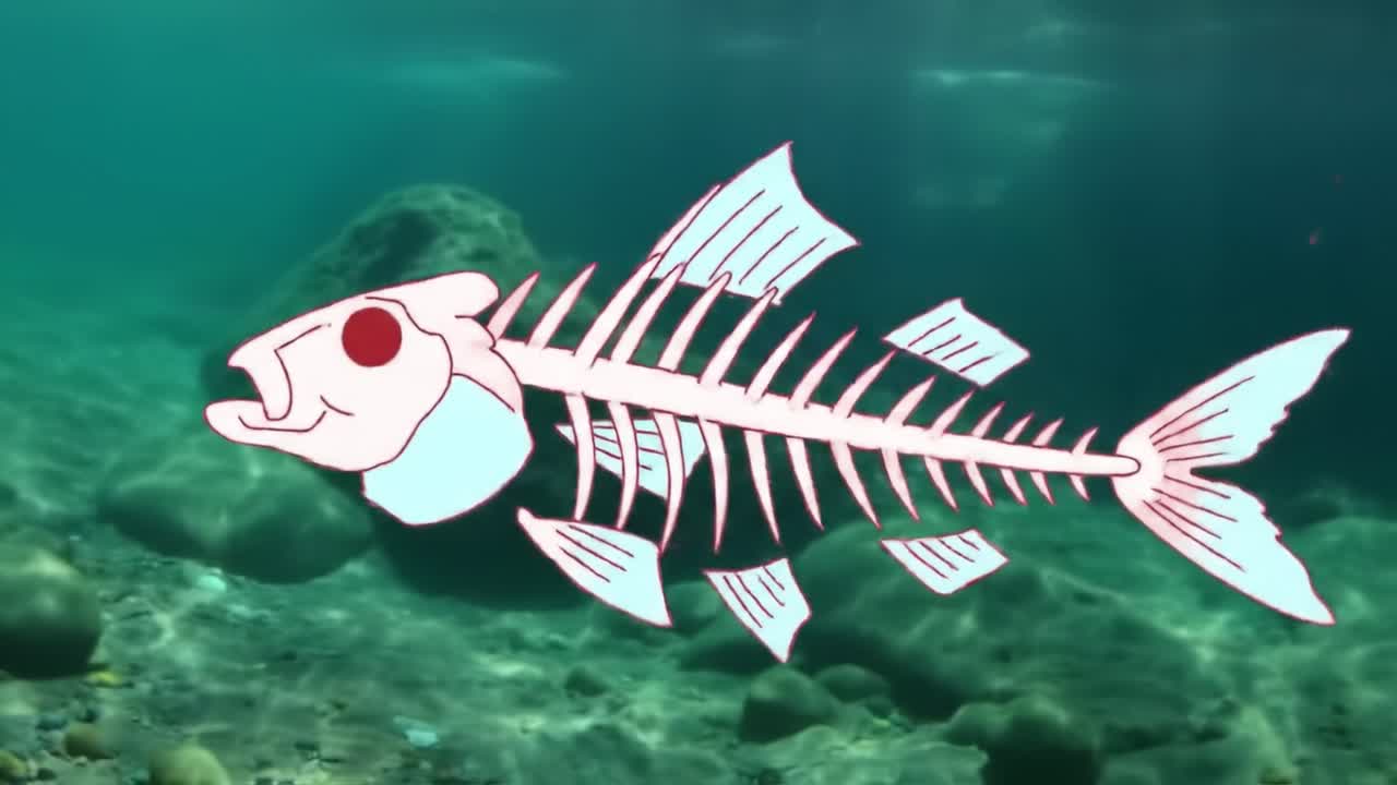 Exploring the Underwater Realm with Animated Fish Skeletons: An Artistic Perspective of Marine Life and Its Fragility in a Vibrant Ocean Environment