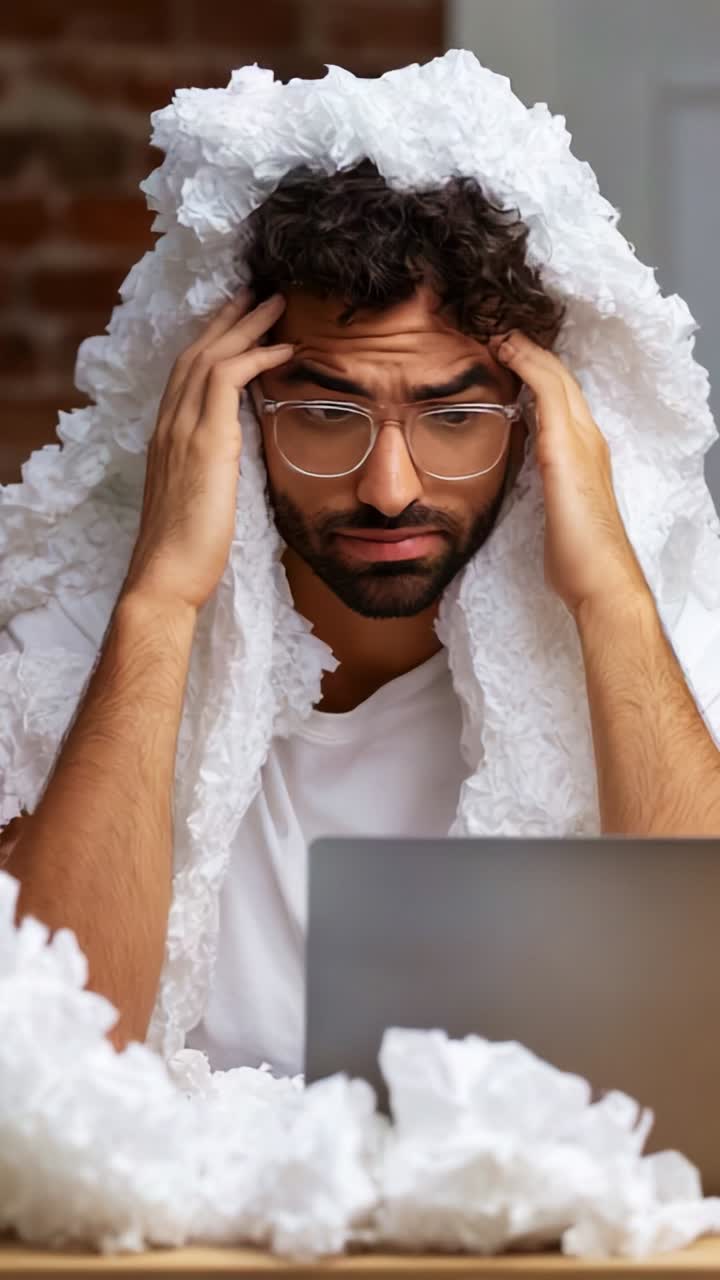 Stressed Man Under Crumpled Paper in White Wrap Expresses Anxiety While Working on Laptop, Portraying Frustration in Modern Digital Environment