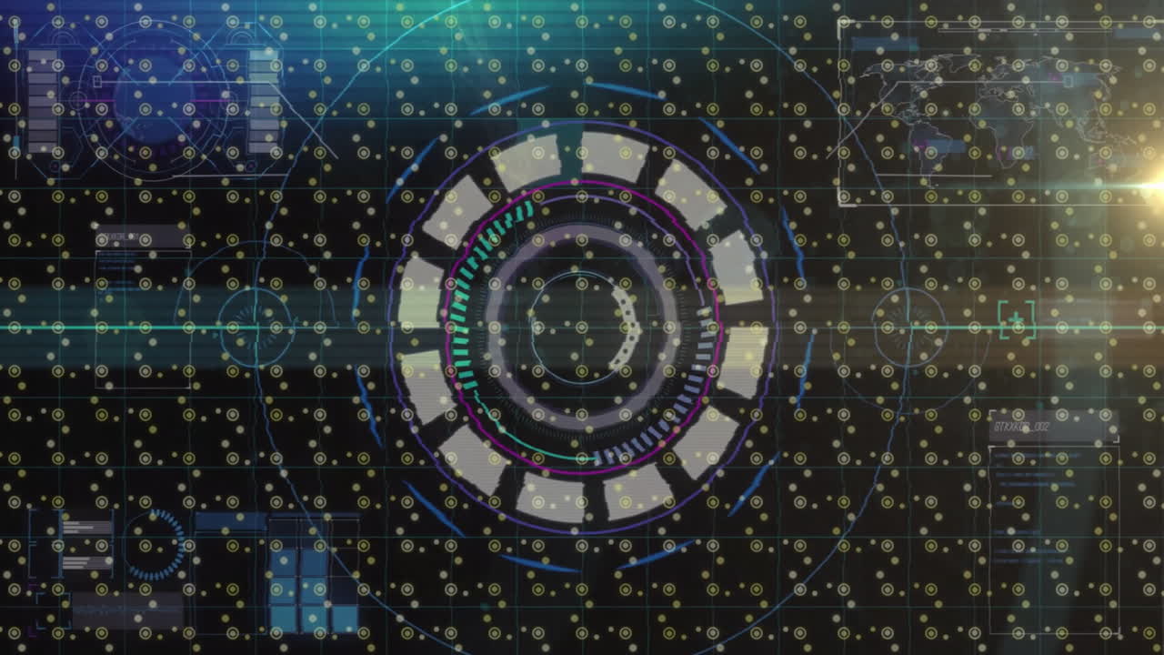 Futuristic HUD displaying layered ring gauge, glowing nodes over grid, data panels, waveform graph
