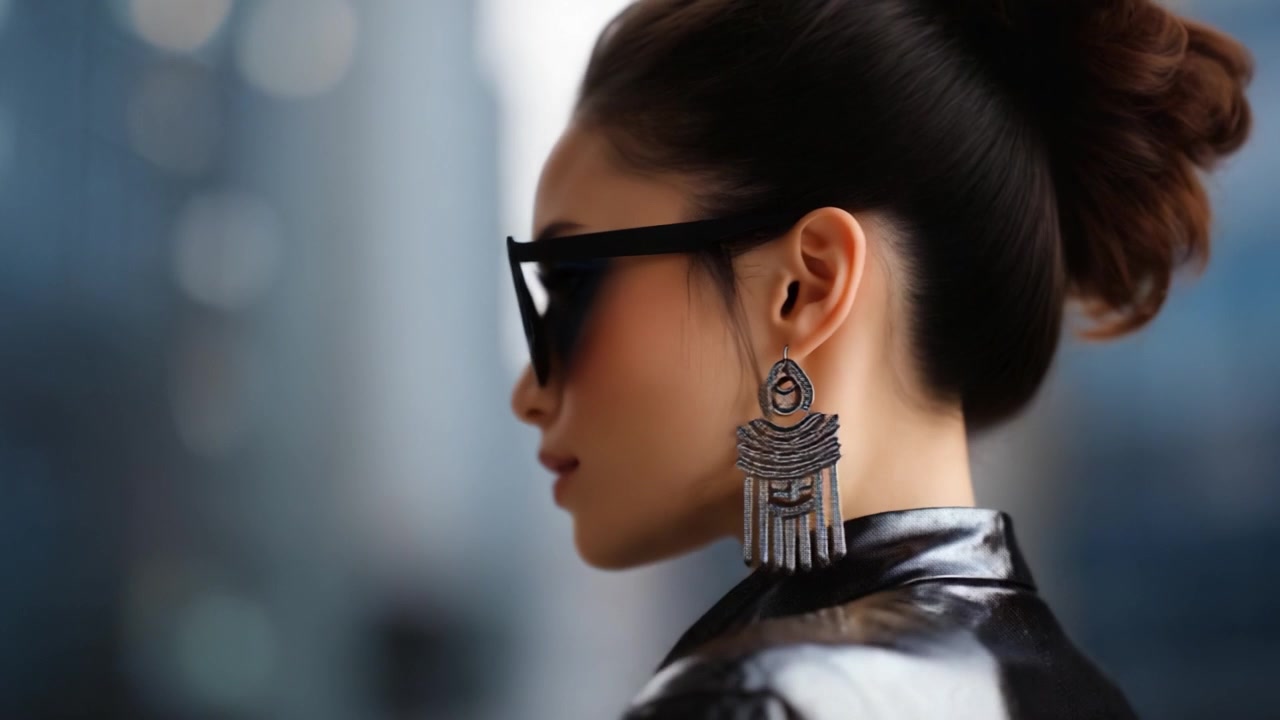 Donna elegante con occhiali da sole e outfit chic posa con sicurezza contro uno sfondo urbano sfocato, mettendo in mostra le moderne tendenze della moda e l'eleganza.