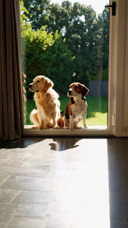 golden retriever and beagle dogs by the window