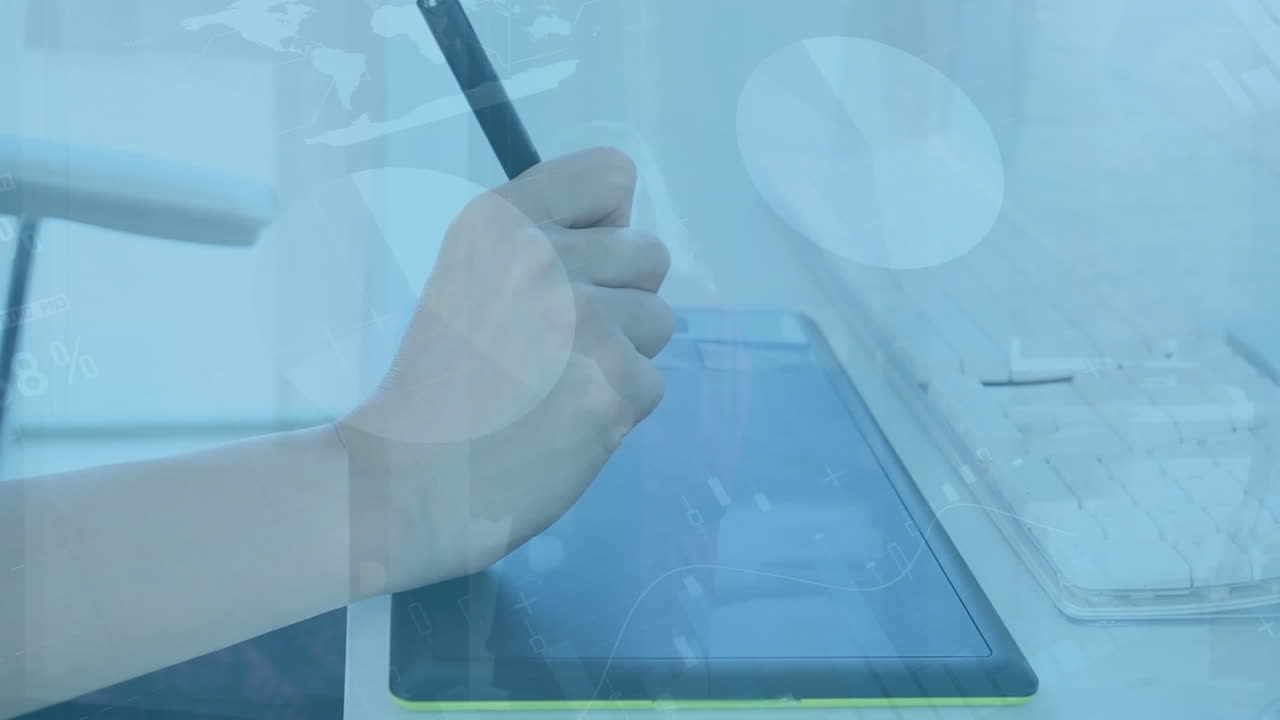 Animation of financial data processing over caucasian businesswoman using graphic tablet