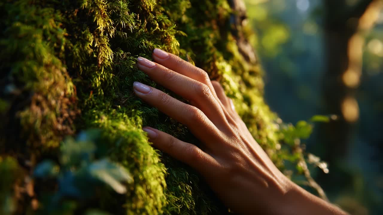 A Delicate Touch: Exploring the Connection Between Humanity and Nature Through the Beautiful Interaction of a Hand with Lush Green Moss on a Tree in a Sunlit Forest Environment