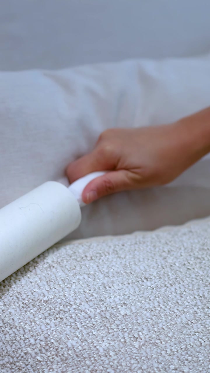 Primo piano di una mano che passa un rullo levapelucchi su un tessuto di biancheria da letto beige testurizzato.