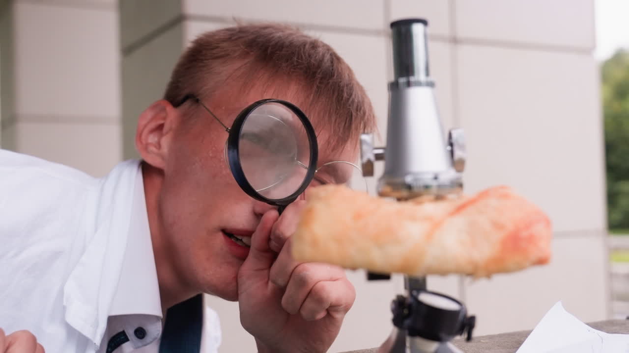 Young man with glasses suddenly becomes curious and begins examining pastry closely through magnifying glass outdoors, reflecting focus, wonder, and investigative spirit during scientific observation