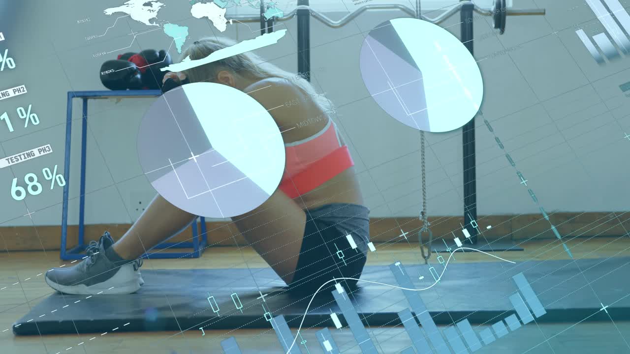 체육관에서 백인 여성에 대한 데이터 처리 애니메이션