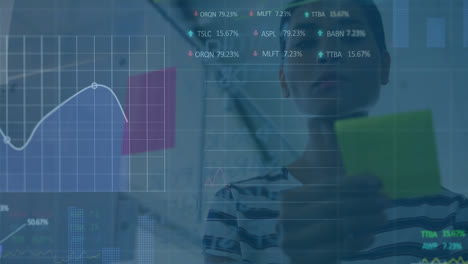 Animation-of-stock-market-data-processing-over-biracial-woman-reading-over-memo-notes-at-office