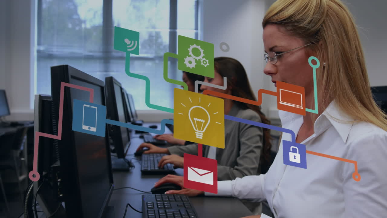 animación de la red de conexiones con iconos sobre personas de negocios que usan computadoras