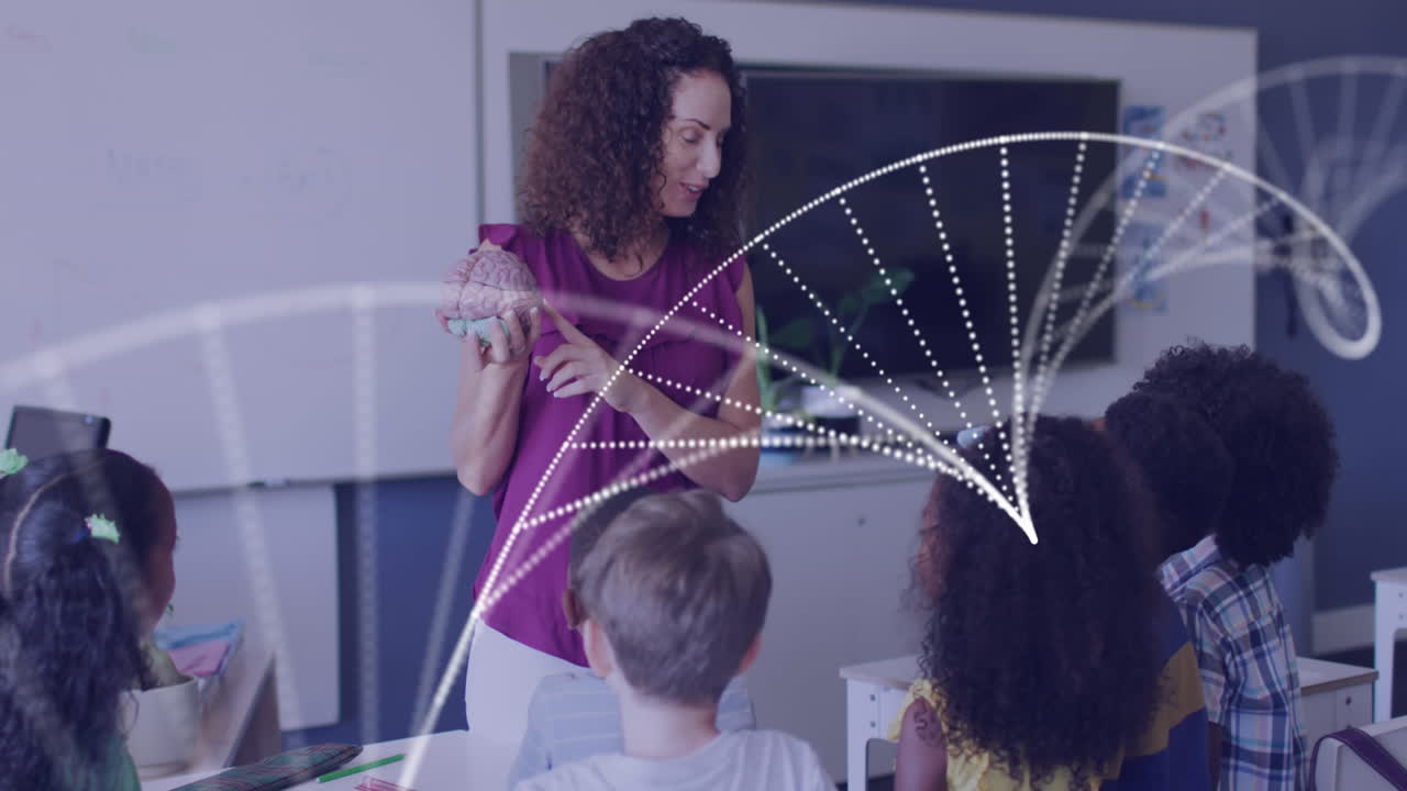animación de cadena de adn sobre feliz maestra diversa con cerebro modelo y alumnos en clase