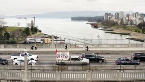 traffic build up at burrard bridge during the trucker freedom convoy protest in canada