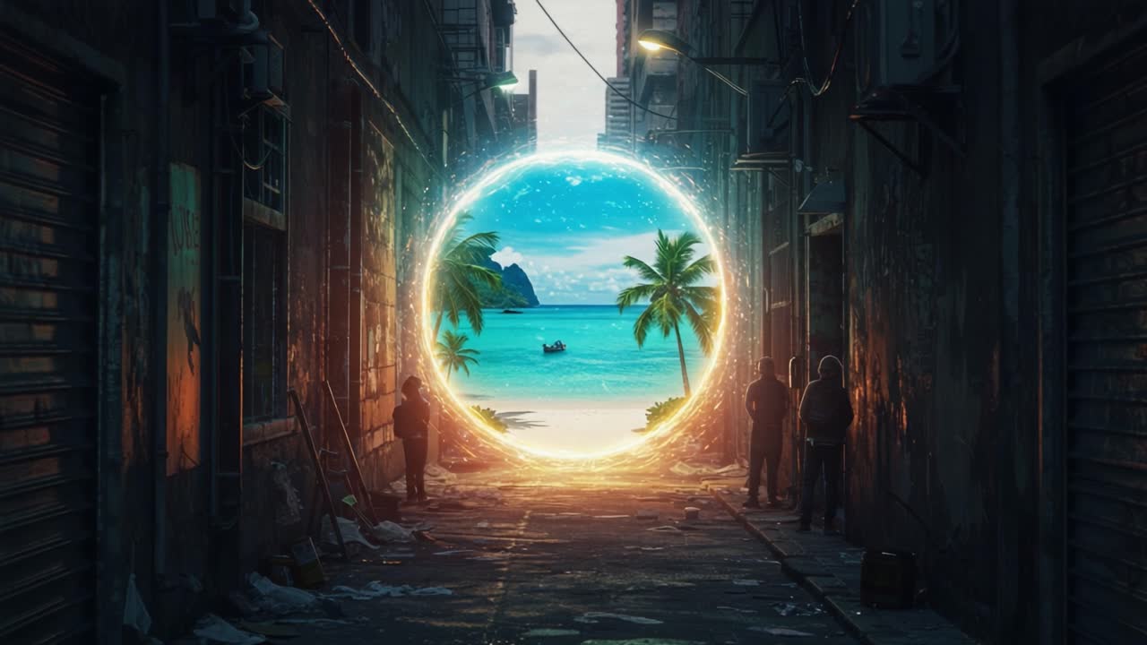 An Enigmatic Portal: Discovering a Hidden Beach Oasis Through a Magical Gateway in a Gloomy Urban Alleyway