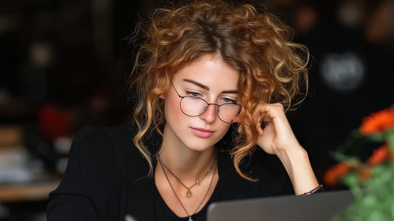 En fokuseret ung kvinde med krøllet hår: Engageret i tankevækkende arbejde og dyb koncentration på en hyggelig café.